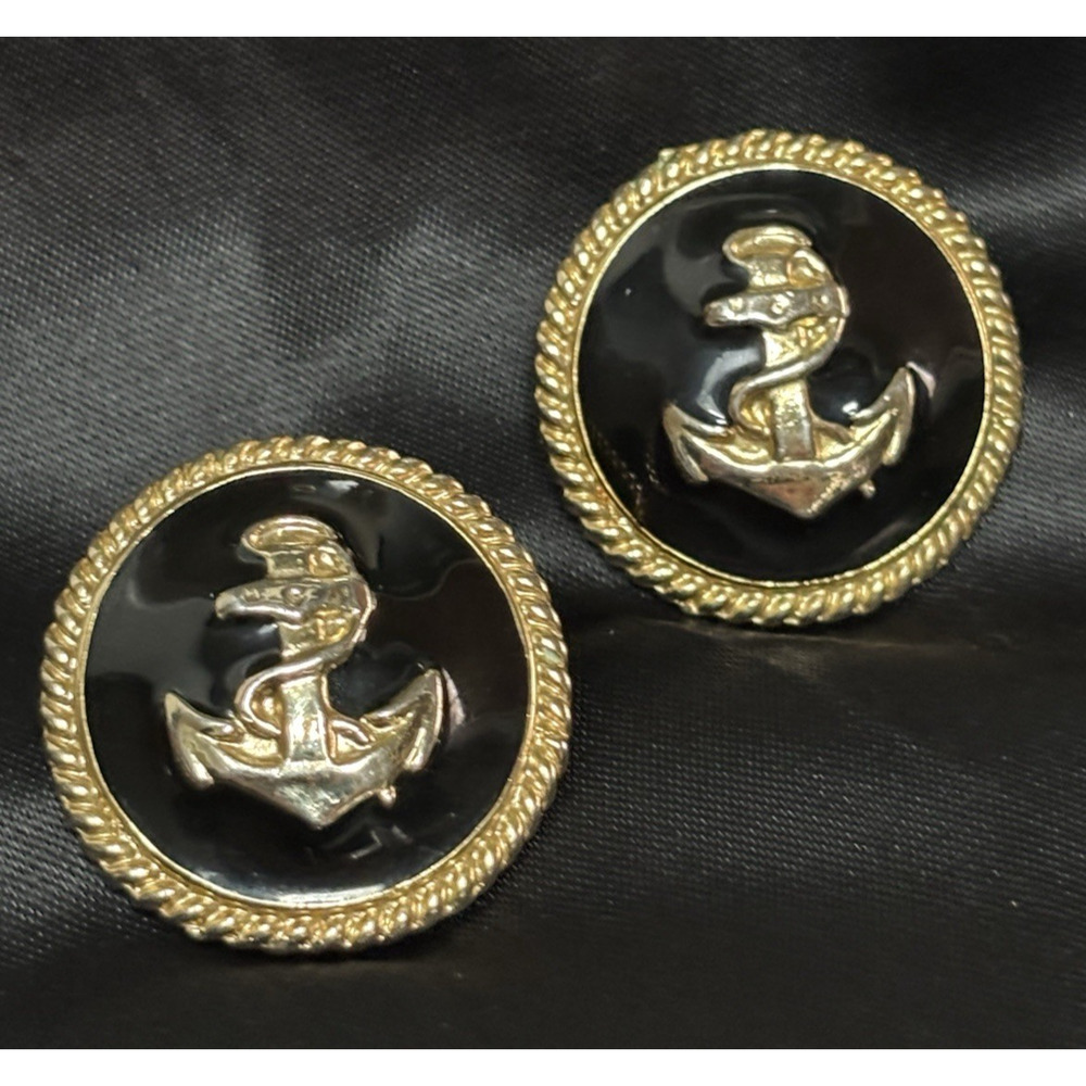 Vintage Anchor Stud Earrings Gold Tone & Black Enamel Nautical Maritime Jewelry